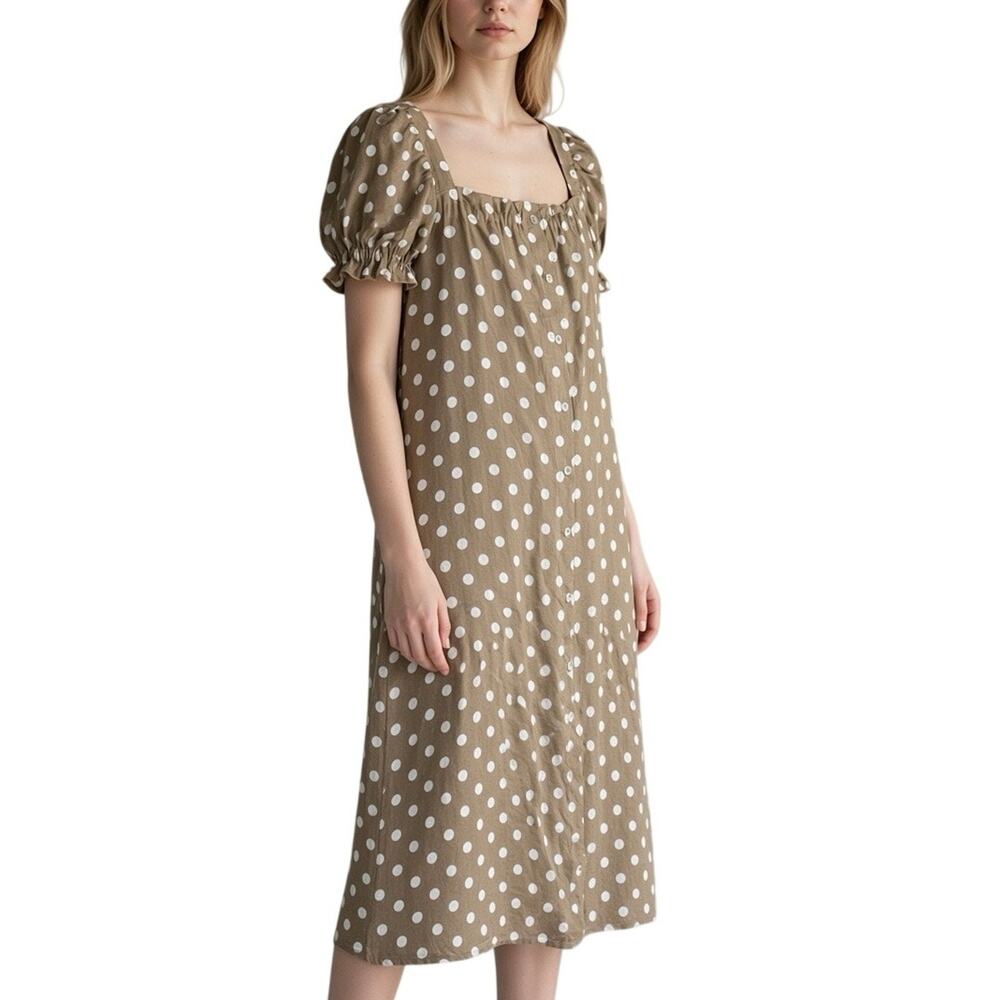 Sleeper Square Neck Polka Dot Button Linen Maxi Dress - M